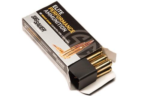 One box of SIG SAUER Performance Ammunition, 20 rounds of match grade centerfire rifle cartridges. 